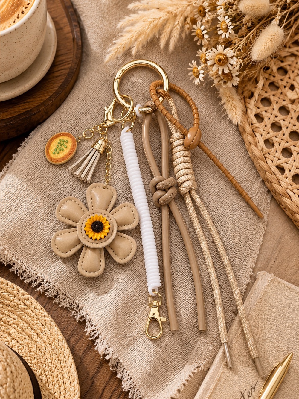 Linen Bloom Cluster Bag Charm | Floral Purse Charm Keychain